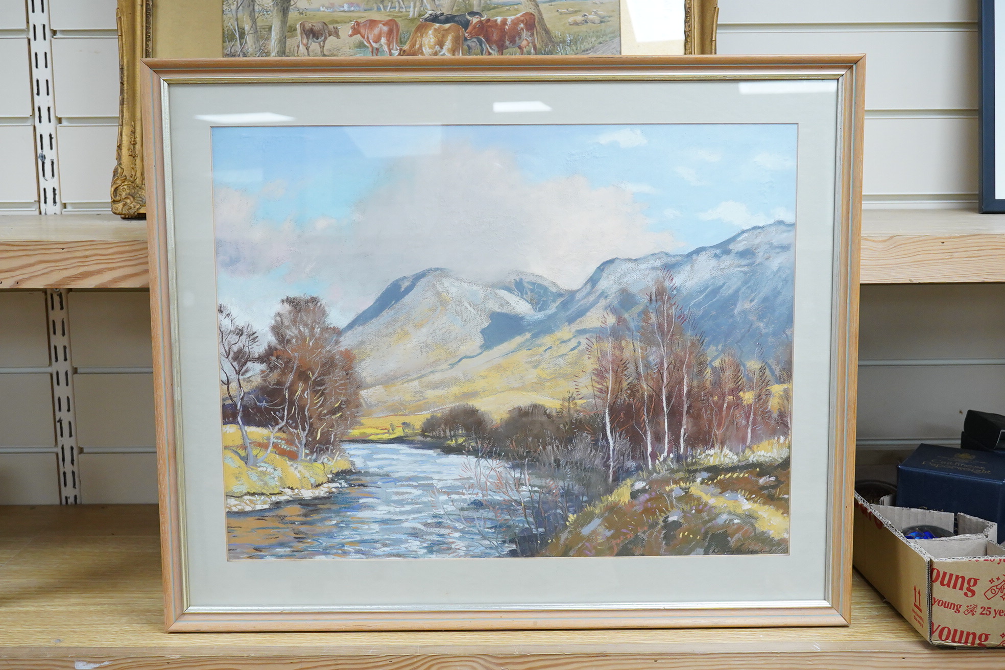 William Douglas Macleod (1892-1963), Mountainous riverscape, signed, details verso, pastel, 39 x 52cm